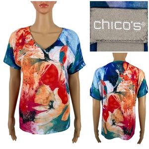 Chicos Womens Small Shirt Top V Neck Short Sleeve Floral Art To Wear Paint EUC